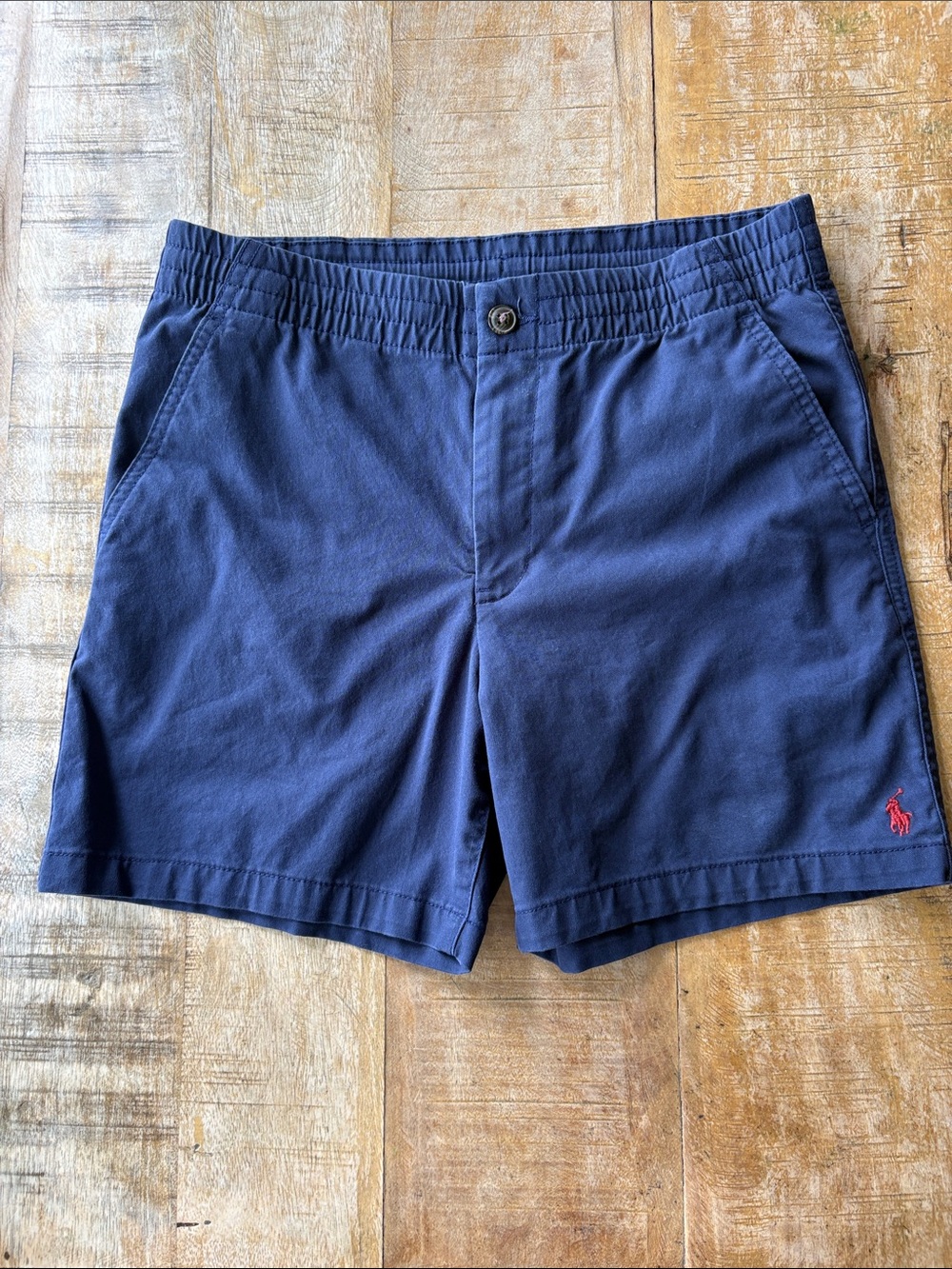 Ralph Lauren Navy Blue Cotton Shorts with Red Polo Logo